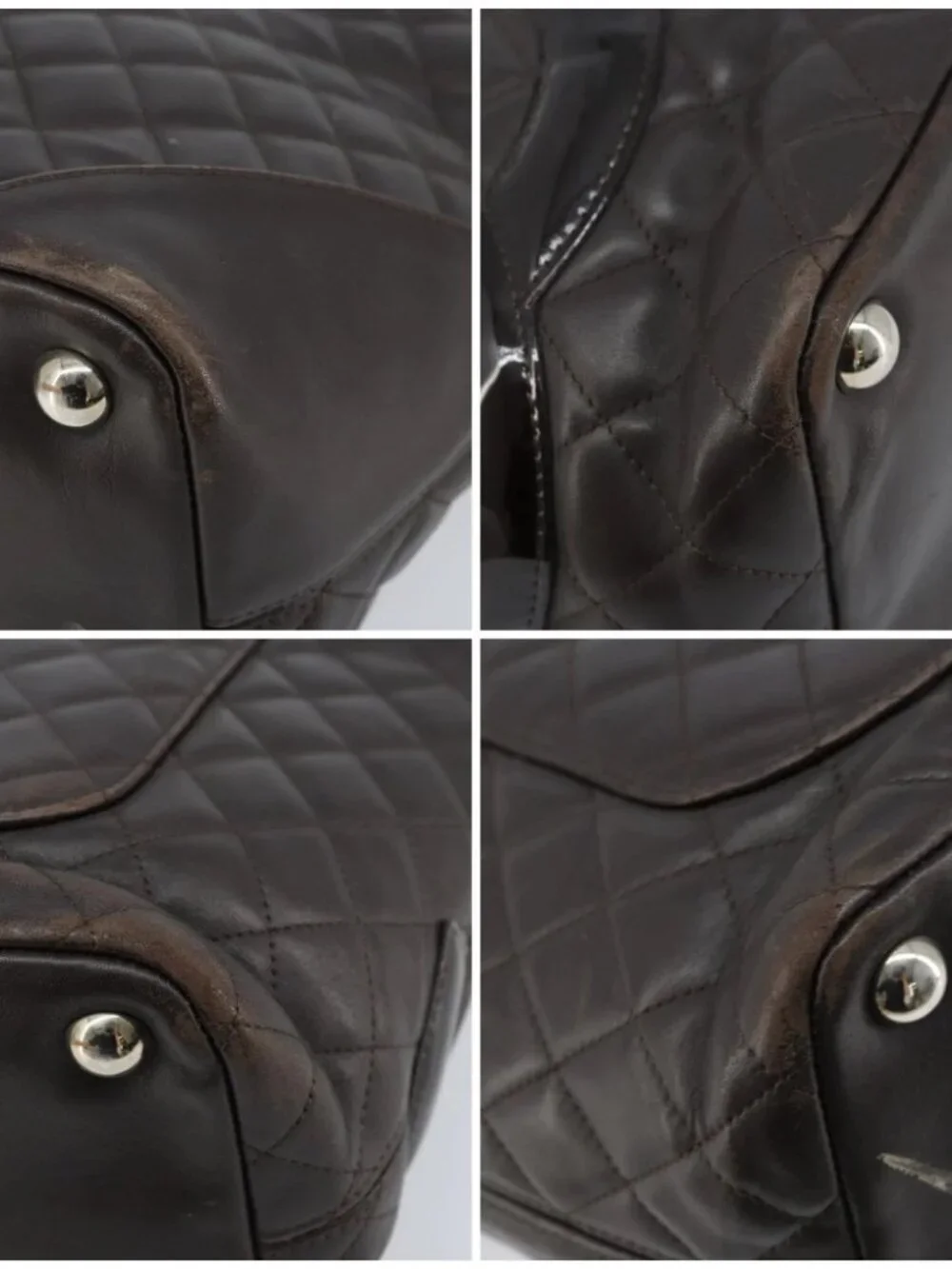 CHANEL Cambon Line Matelasse Tote Bag Leather Brown Silver CC Auth 170655